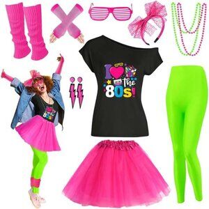 80s Outfit Women Costume Accessories Set T Shirt Shorts Tutu Skirt Neno Party